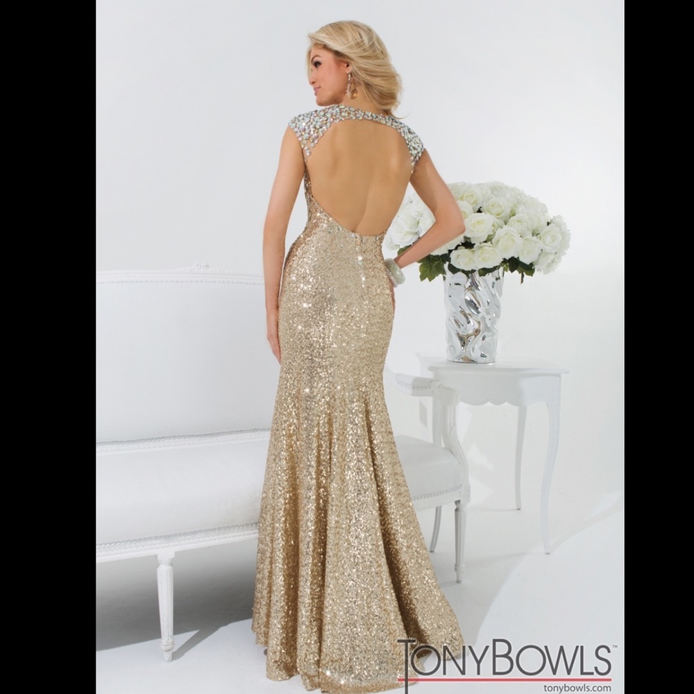Tony Bowls Gold Gala Gown Sequins